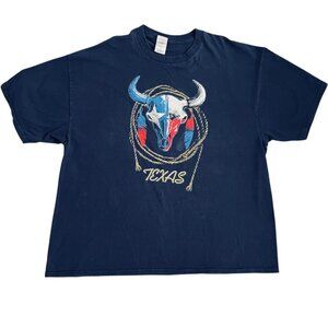 Vtg Texas Longhorn Skull T-Shirt Delta Pro Weight Blue 2XL Southwestern Rodeo